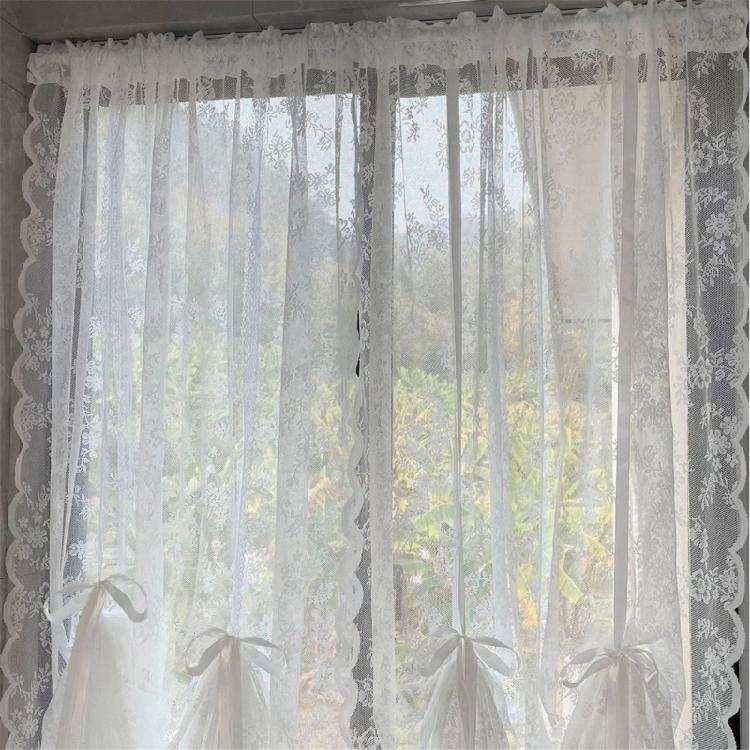 White Lace Voile Curtains with Florals Embroidery Pulling Curtain for Bedroom and Living Room 150cm