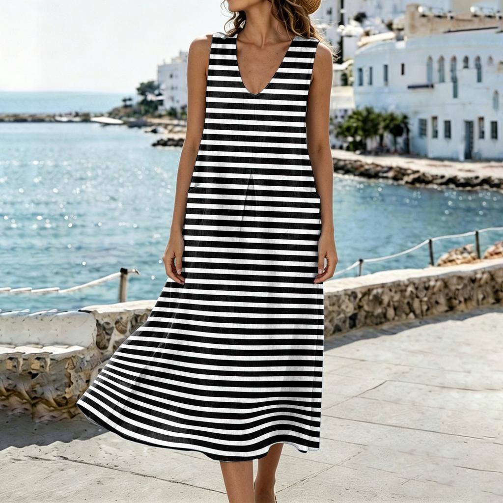 Women’s U Neck Sleeveless Pocket Split Hem Tank Dress Cotton Linen Casual Loose Fit Midi Dress with Striped Print