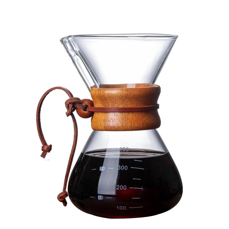 Heat-resistant glass coffee pot, coffee sharing pot, wooden handle hand-brewed pot, borosilicate glass pot.