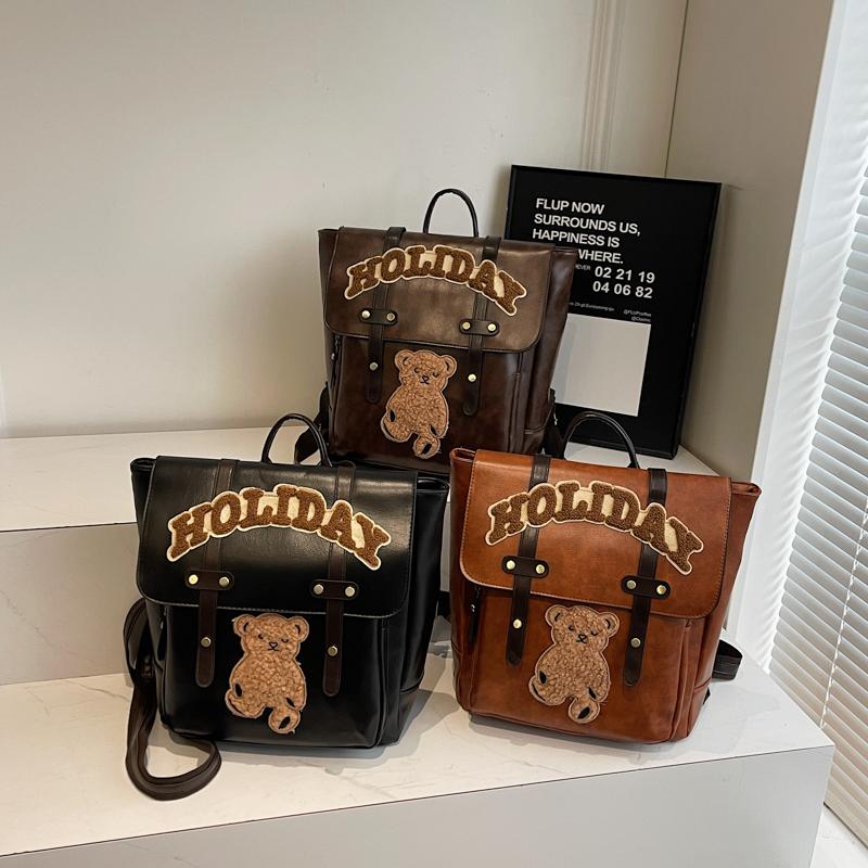 Retro Backpack Women Letter Bear Print Commuter Bag Large Capacity Student School Bag