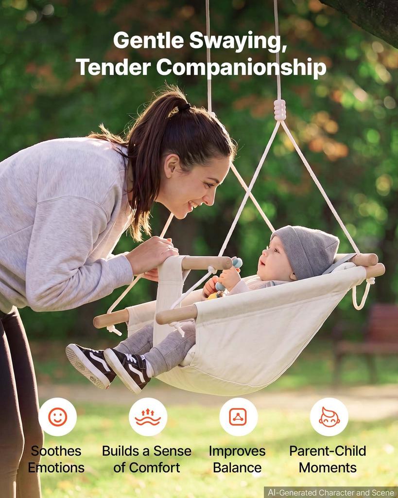 Baby Swing 30 kg Weight Capacity 3 Modes Canvas Hammock Swing White, for Indoor and Outdoor, 5-Point Harness and Tree Straps, Wooden Hanging Seat with