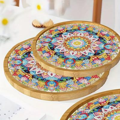 DIY Diamond Painting Kit Round Wooden Tray Diamond Art Wooden Dinner Plate for Coffee Living Room Home Organizer