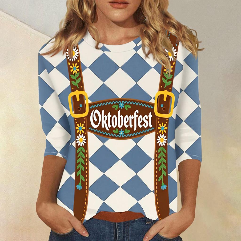 Damen Lässiges Dreiviertelarm Oktoberfest-Print Rundhals Karomuster Oberteil mit Blumen-Träger-Design für Festival-Kleidung