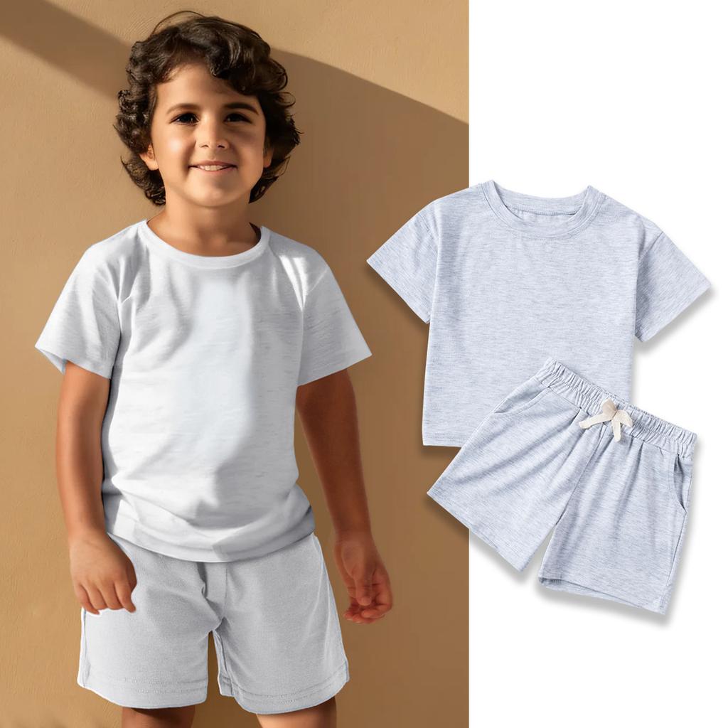 Boys and Girls Cotton Short Sleeve Shorts Solid Color Leisure Set 2025 Summer Children's Fashion Set
