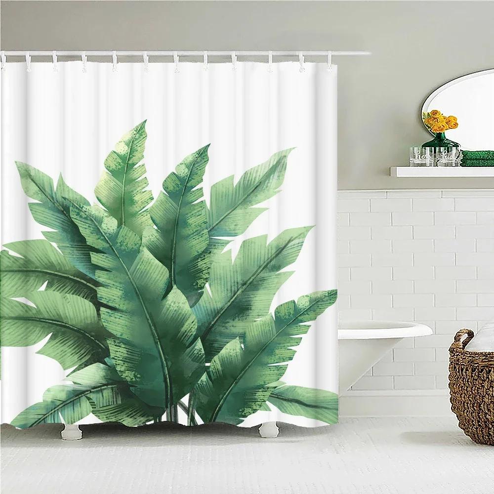 Waterproof Fabric Shower Curtain Printing Fresh Green Plant Leaves Bathroom Curtains Polyester Decoration Bath Screen With Ho