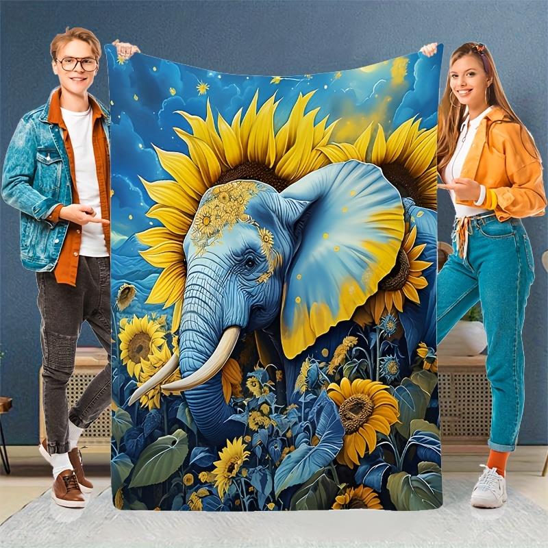 

Blue elephant and sunflower pattern Flannel printed blanket suitable for all seasons suitable living room office sofa and travel 75x100cm (30x40inch)