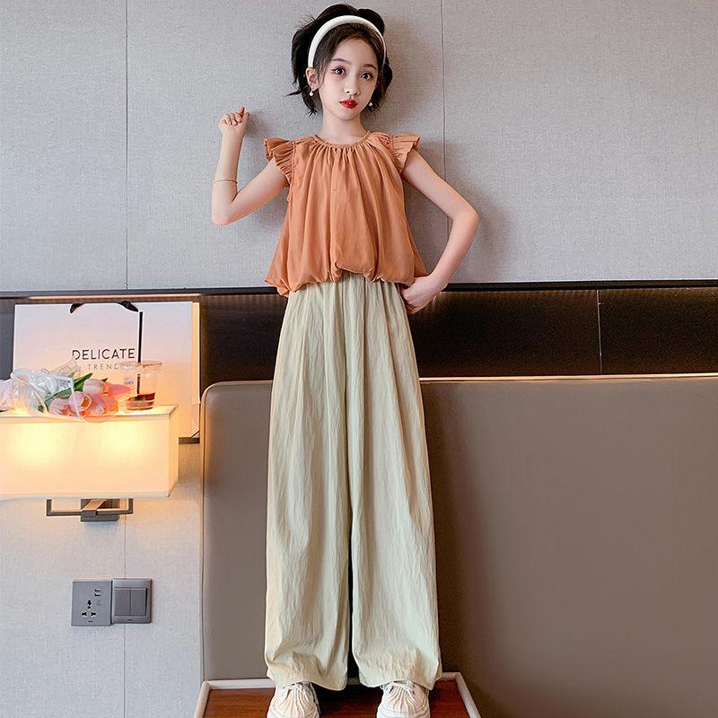 Girls' Casual Sweet Suit, Girls' Chiffon Shirt, T-shirt, Wide-leg Pants, Two-piece Suit