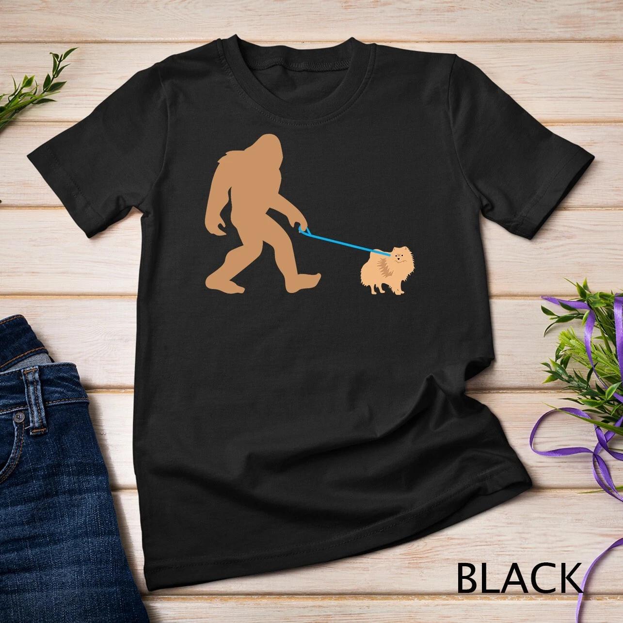 Bigfoot Walking Pomeranian Dog Funny Sasquatch Gift Unisex T-shirt S