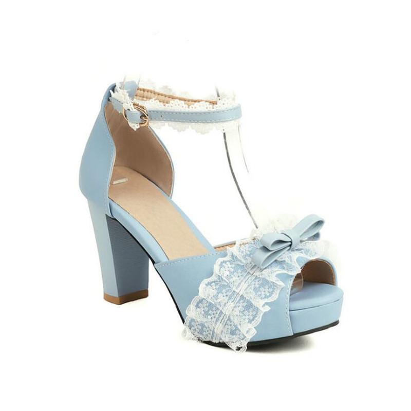

Летняя женская обувь Сандалии Свадебные туфли Пип-то носок Кружево Бант Высокий каблук Платформа Сандалии Обувь Женские туфли-лодочки 28-43 39 небесно-голубой