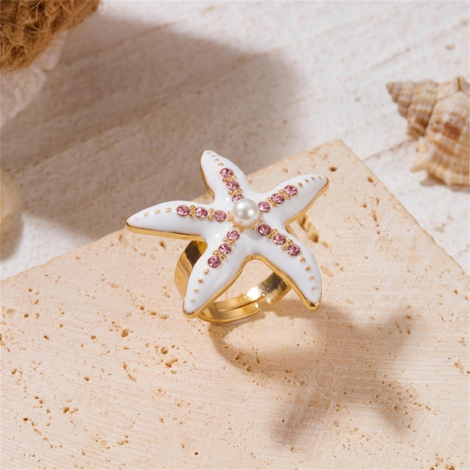 

Imitation Pearl Starfish Diamond-Encrusted Ring Adjustable Open Ring Beach Vacation Style Accessory Daily Accessory