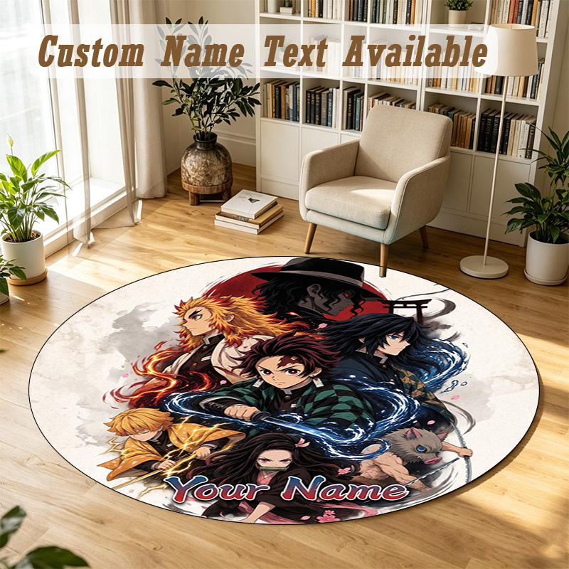 Round Rug Custom NameDemon Slayer Pattern Non Slip Carpet Home Floor Decor
