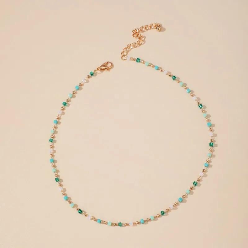 Temperament Fashion Green Stone Beaded Pendant Necklace for Women Simple Korea Fashion Collarbone Chain Jewelry Accessories Gift