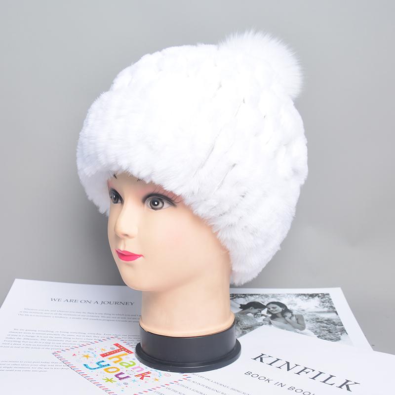 Luxury Rex Rabbit Fur & Fox Fur Pom Pom Beanie - Women S Winter Bucket Hat, Solid Color Warm Knit Cap elasticity 52-60cm