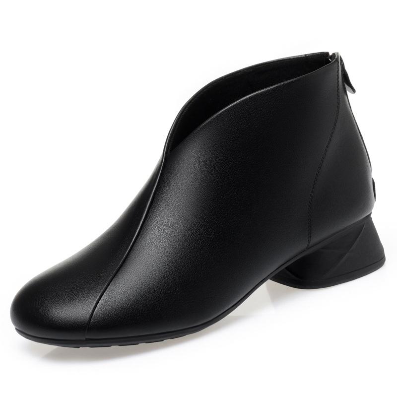 Nuovo Design Scarpe da Caviglia Moda Donna Bocca Profonda Punta Tonda Classica Comfort Pelle Morbida Tacco Basso Zip Scarpa Singola