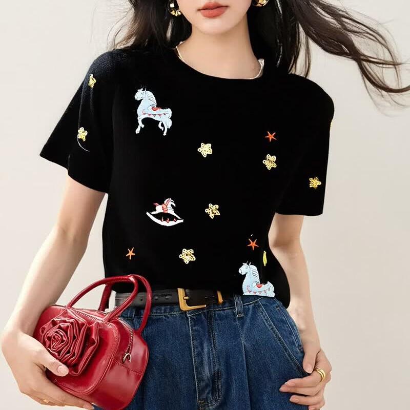 Zuose Pony Embroidery Short Sleeve T-Shirt