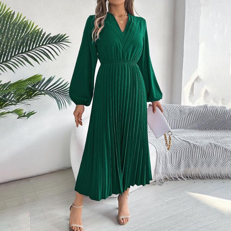 A Line Long Dress Women High Waist Pleated Solid Color V Neck Long Sleeve Spring Summer Fashion