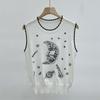 Summer Fashion Hollow Out Sweater Vest Sleeveless Moon Embroidery Knitted Top Women O-Neck Slim Black White Vest B-059