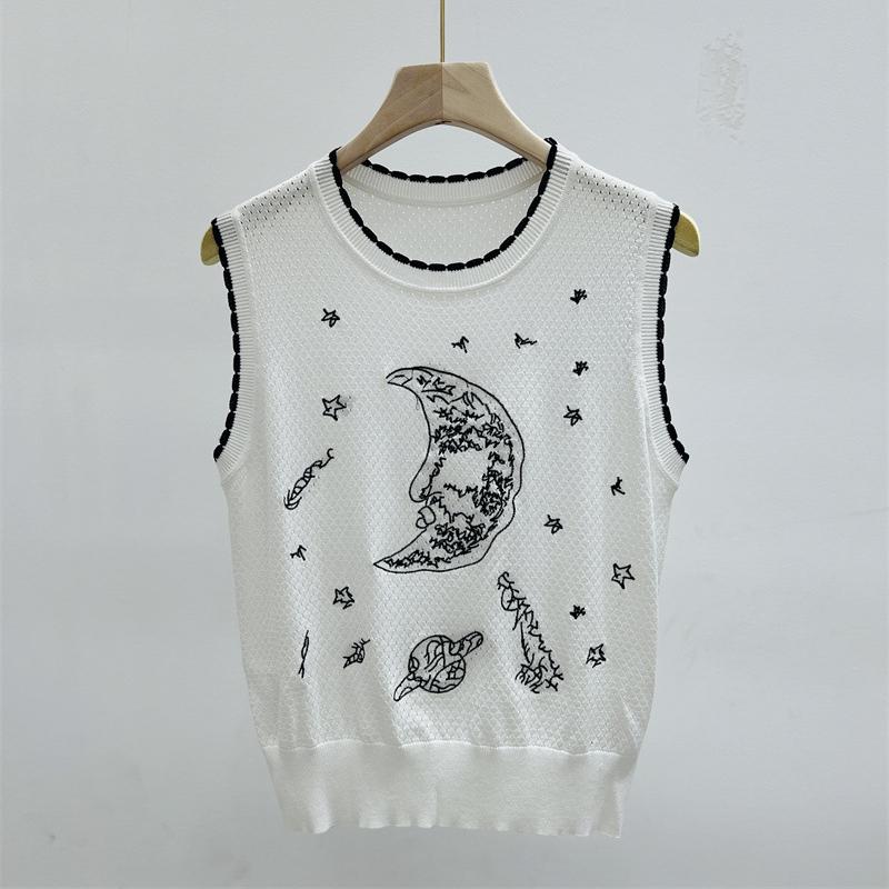 Summer Fashion Hollow Out Sweater Vest Sleeveless Moon Embroidery Knitted Top Women O-Neck Slim Black White Vest B-059
