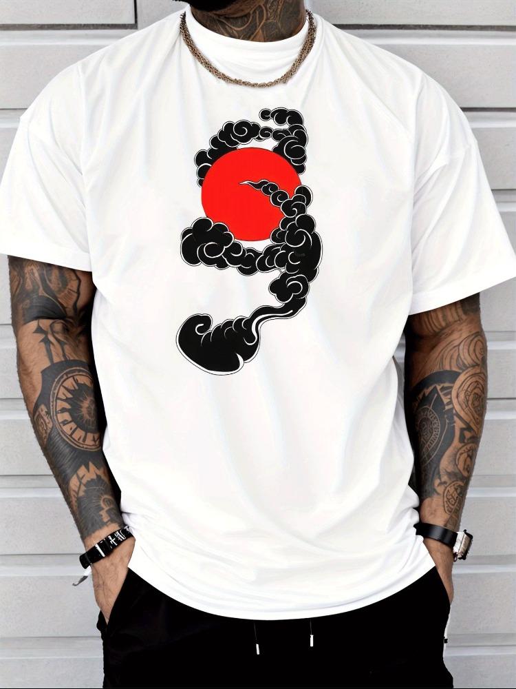 Unisex White Crew Neck Tee Oriental Cloud Red Sun Art Print Loose Oversized Short Sleeve Unisexs Summer Streetwear Casual Basic Top