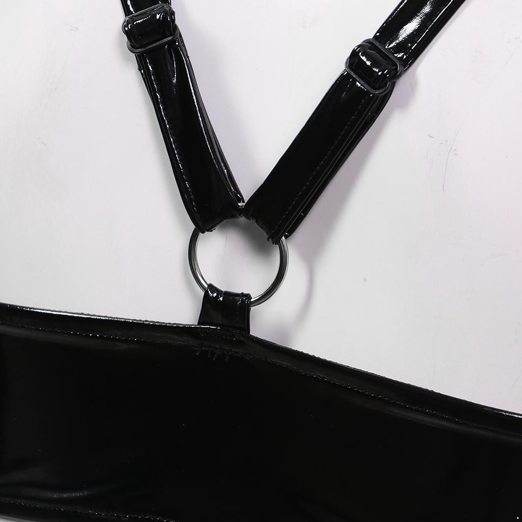 Soutien-gorge ouvert en cuir verni aspect mouillé pour femme Bretelles réglables avec anneau O Crop top Lingerie Sous-vêtements Hauts