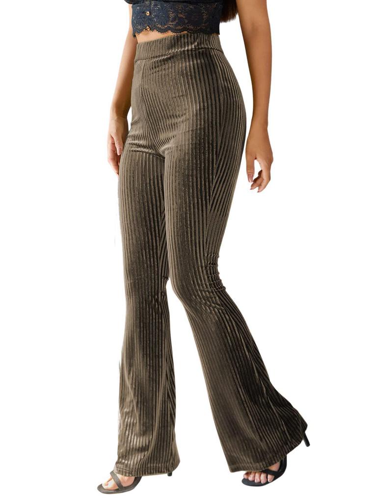 Women's Fashion Sexy High Waist Gold Velvet Ribbed Flared Pants