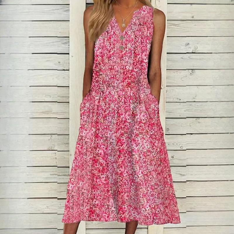 IHUASU Women's Summer Digital Printed V-Neck Floral Long Loose Sleeveless Women's Dresses