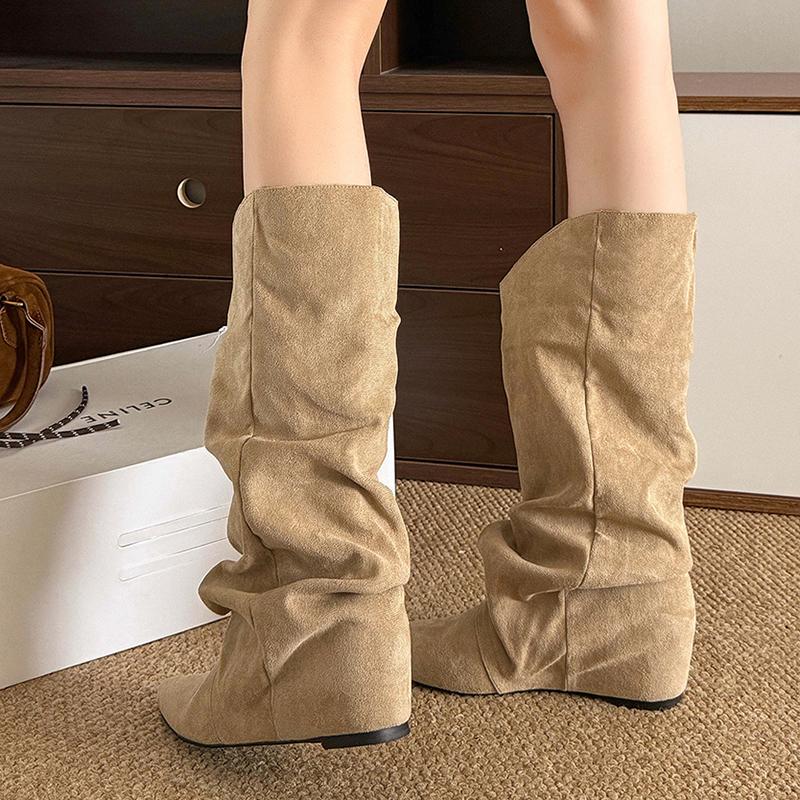 Fashion Khaki Faux Suede Mid Calf Boots for Women 2025 Fashion Pointed Toe Pleated Western Boots Woman Slip On Autumn Winter Booties