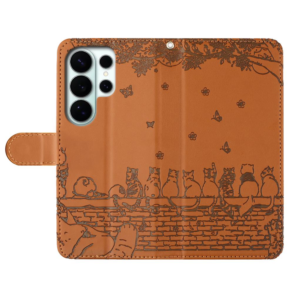 For Samsung Galaxy S26 Ultra Case with Wrist Strap Leather Phone Cover Wall Cats Pattern