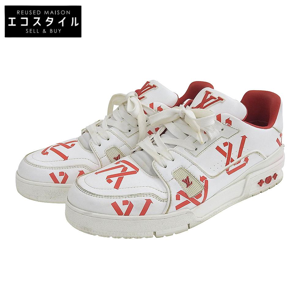 Louis Vuitton LV Trainer Line Sneakers, Leather Shoes, Men's, White X Red, Size 8 1/2, 1AAGYI, Made In 2022 Shoes 8.5 White / redUsed