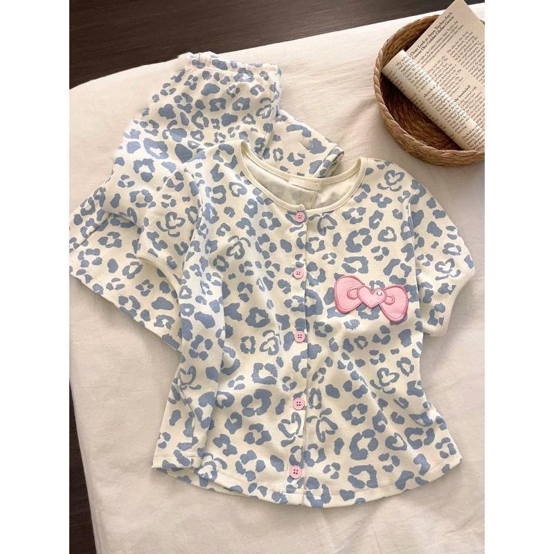 

Premium blue leopard print pajamas women s summer round neck short-sleeved shorts start two-piece set bow loungewear S
