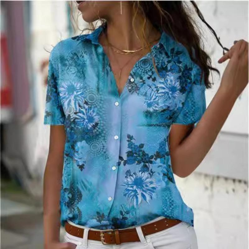 Women Short Sleeve Floral Print Collared Fitted Shirt S синий