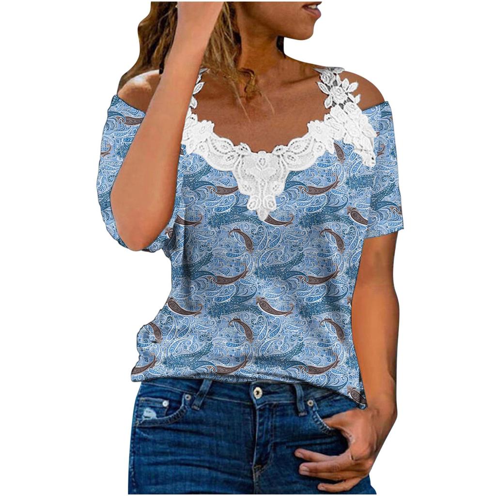 Women's V-Neck Lace Patchwork Tops Short Sleeves T-shirt Printed T-shirt Top