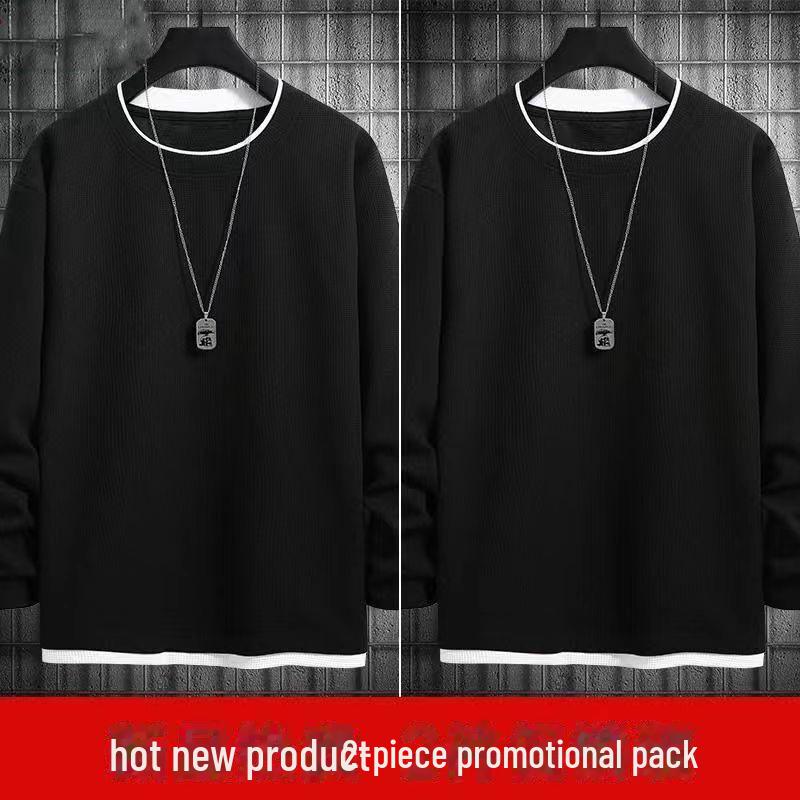 Unisex Fake Two-Piece Waffle Long-Sleeve Sweatshirt - Loose Round Neck, Solid Color, Large Size for Spring & Autumn