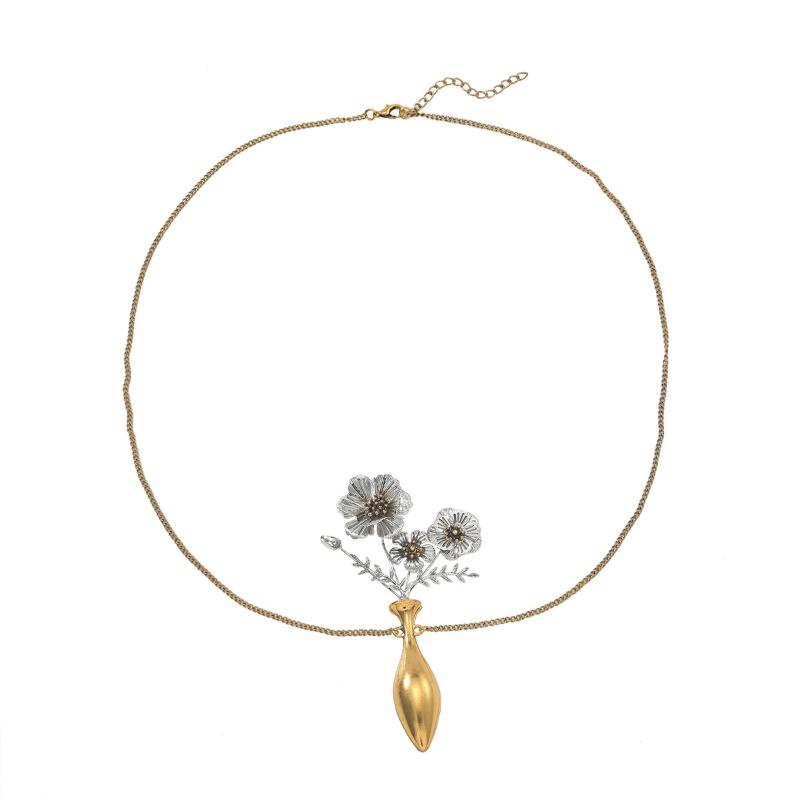 Personalized Design Flower Metal Pendant Necklace Exaggerated Flower Vase Earrings Brooch For Women Holiday Party Jewelry Gifts