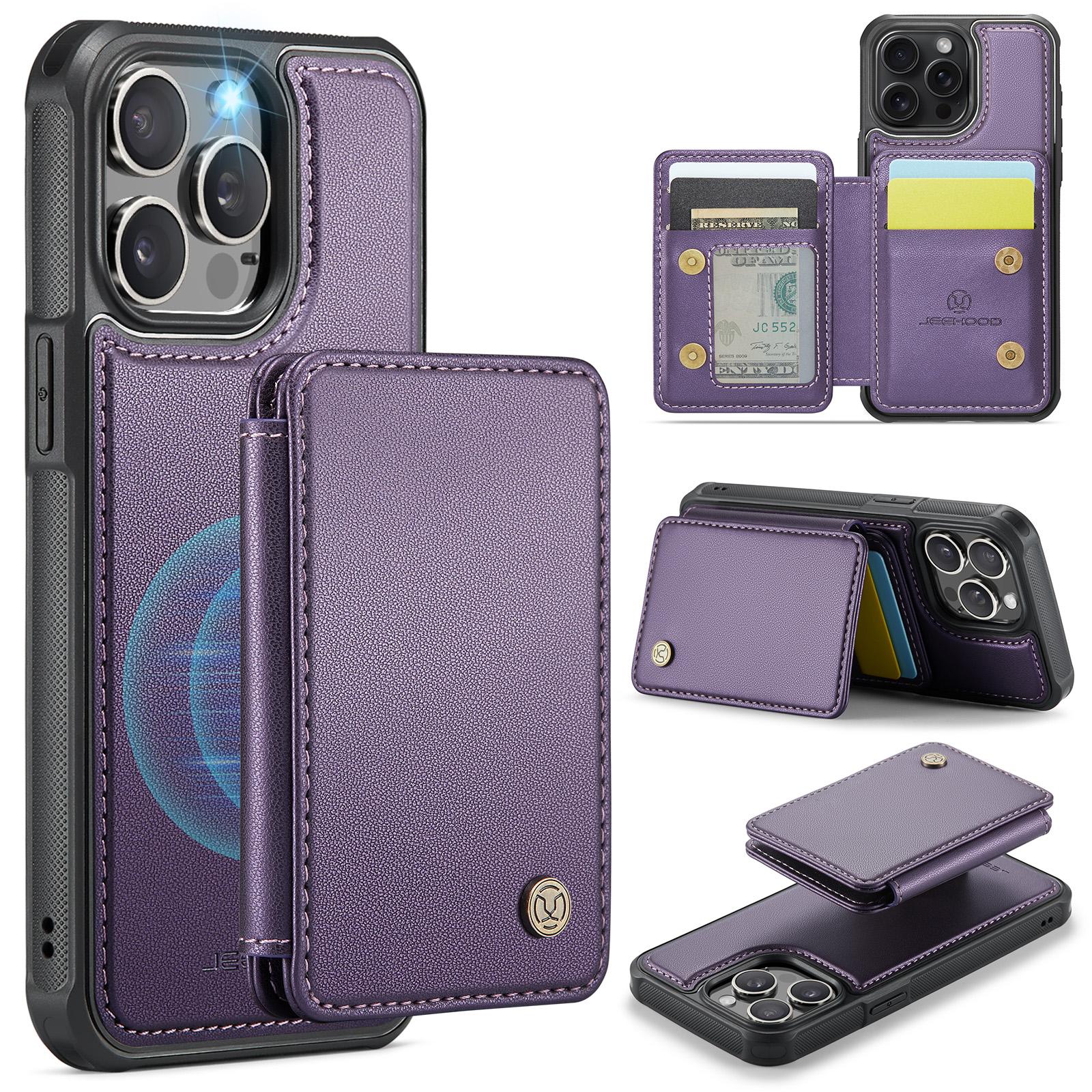 

JEEHOOD J05 For iPhone 16 Pro Case Leather Mobile Cover with Detachable Magnetic Card Bag Purple