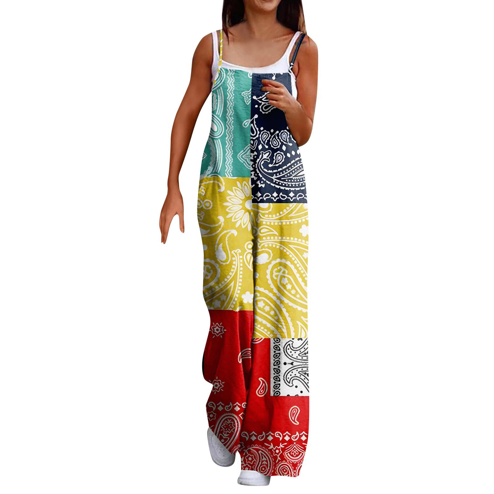 

Широкий комбинезон для женщин, повседневный свободный комбинезон без рукавов с принтом и пуговицами, длинные брюки, комбинезон с карманами M жёлтый