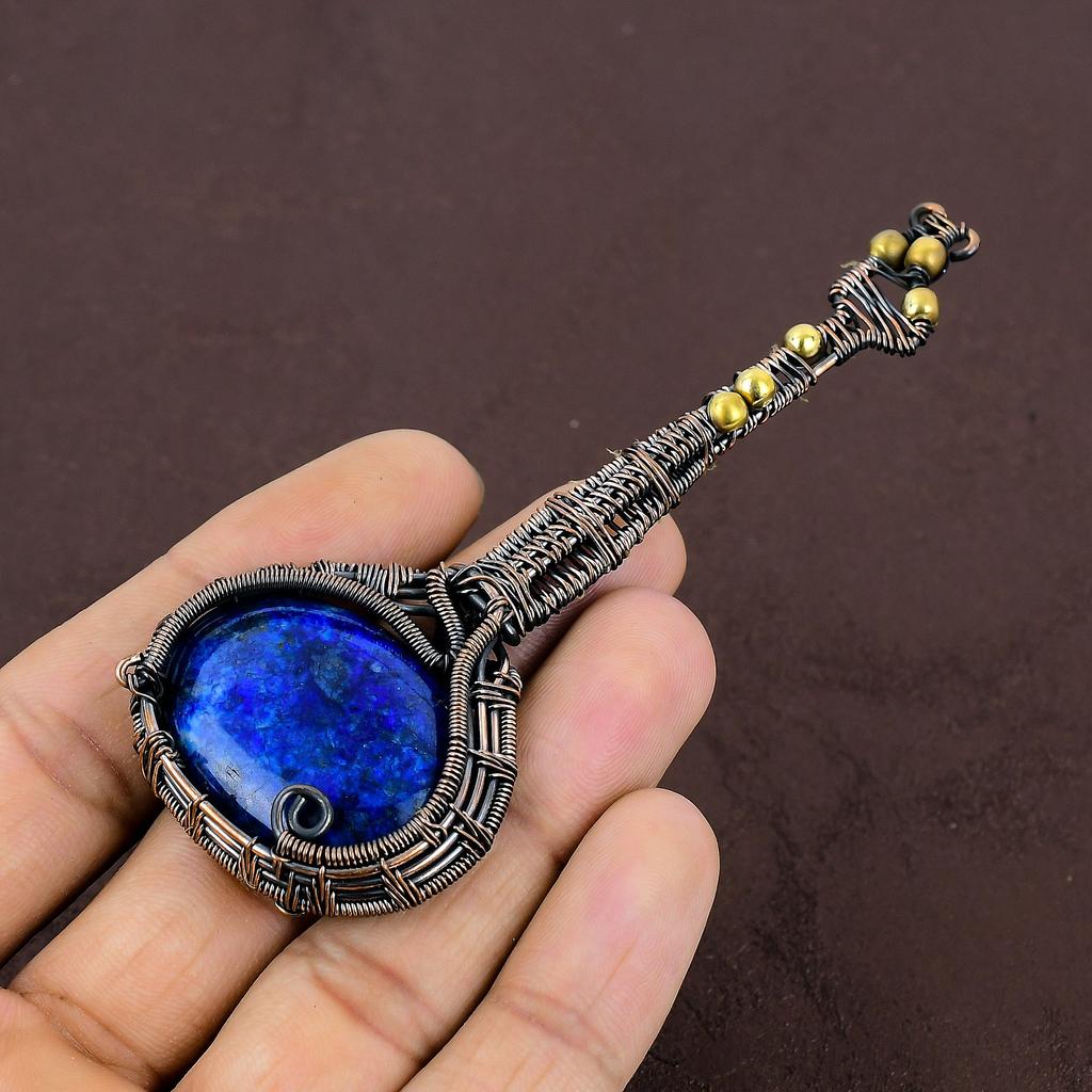 Natural Guitar Lapis Lazuli Stone Handmade Copper Wire Wrap Pendant 4.33" E4w79