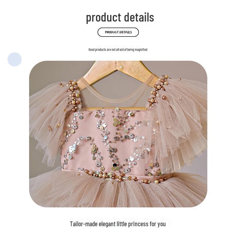 Vestito beige con paillettes a strati e spalline per il primo compleanno di bambina, con gonna in tulle voluminosa e fiocco (2025)