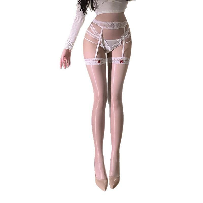 New sexy aurora oily bow suspender stockings women's lace sex oily stockings ultra-thin contrasting color stockings