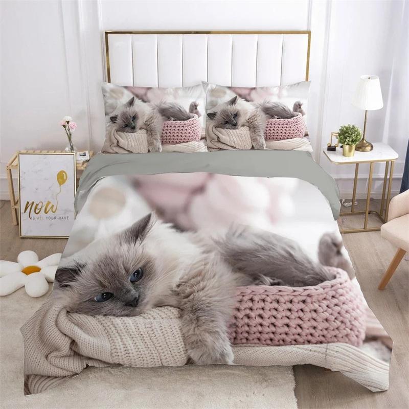 Katt Påslakanset Härligt Djur Kattunge Tryckt Täcke Barn Tonåringar Flicka Djur Dubbel Queen King Size Polyester Sängklädesset