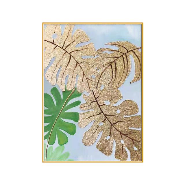 Abstraktes grünes Blatt-Ölgemälde, Stickerei, Blume, goldene Blume, Leinwand-Poster, Portikus-Wanddekoration