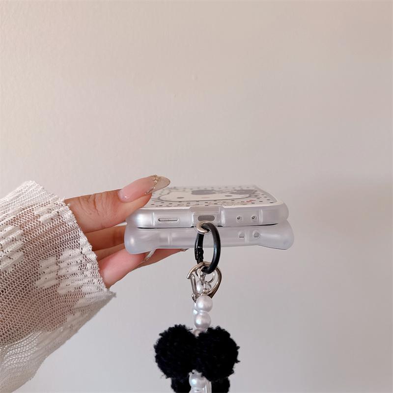 New Hello Kitty Cat Ear Glitter Clear Phone Case With Pearl Pom Pom Lanyard For Samsung Galaxy Z Flip 3 4 5 6 7 INS Cute Shockpr
