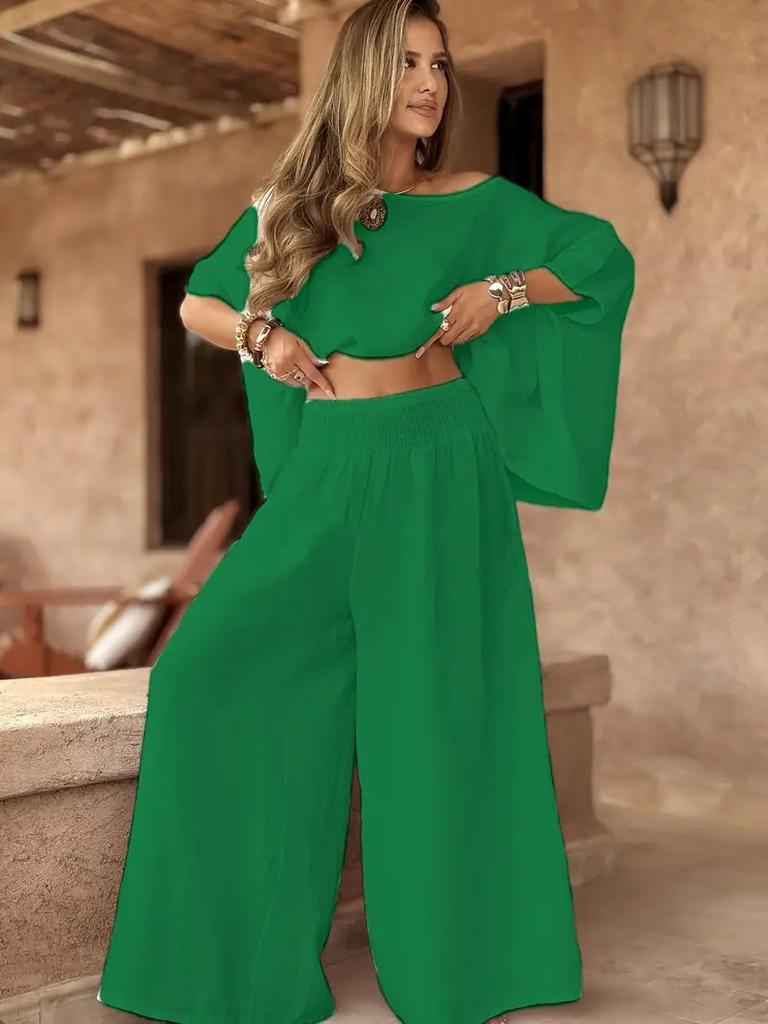 Braunes Fledermausärmel Off-Shoulder Oberteil mit hochtaillierter Hose mit weitem Bein Zweiteiliges Set