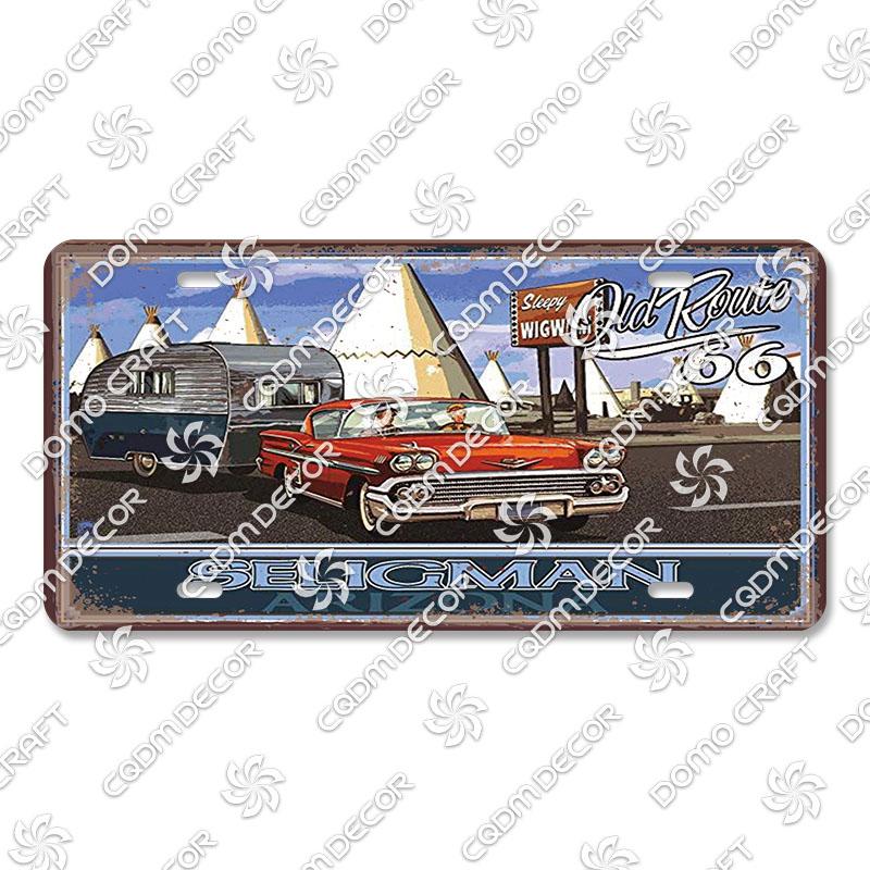 Retro Route 66 License Metal Tin Signs Vintage Road Trip Car Metal Plate Garage Club Gas Station Car Wall Decor