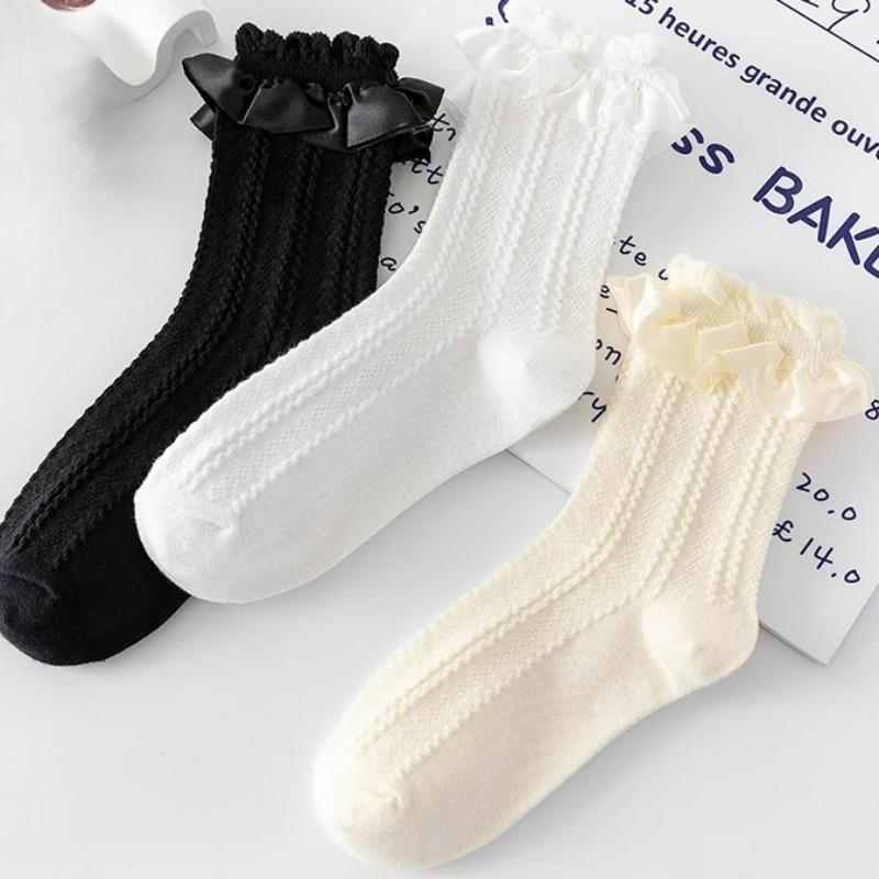 Chaussettes Kawaii pour Femmes Filles Lolita Japonaise Mignonnes Couleur Unie Chaussettes Été Automne Coton Doux Chaussettes en Dentelle pour Bas Féminins