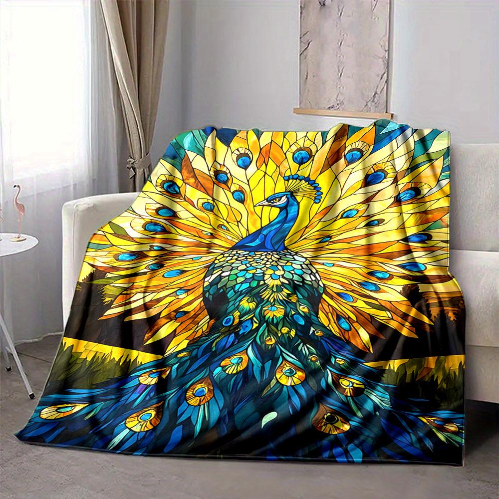 1pc Peacock StainedGlass Lightweight Flannel Blanket, Comfortable and Warm Blanket, for Office and Camping Sofa Bed, Livingroom082