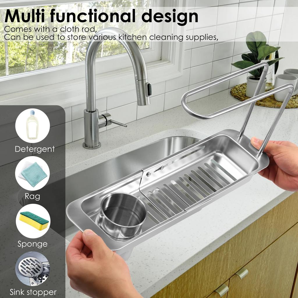 Telescopic Sink Storage Rack Stainless Steel Kitchen Dish Sponge Holder Towel Hanger Drain Basket Filter Bathroom Organizer