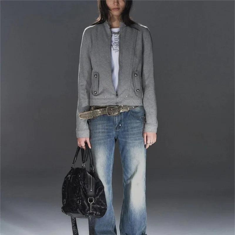 TrendHub American Retro Grey Stand Collar Solid Jacket Metal Buckle Slim Fit Hoodie Unisex