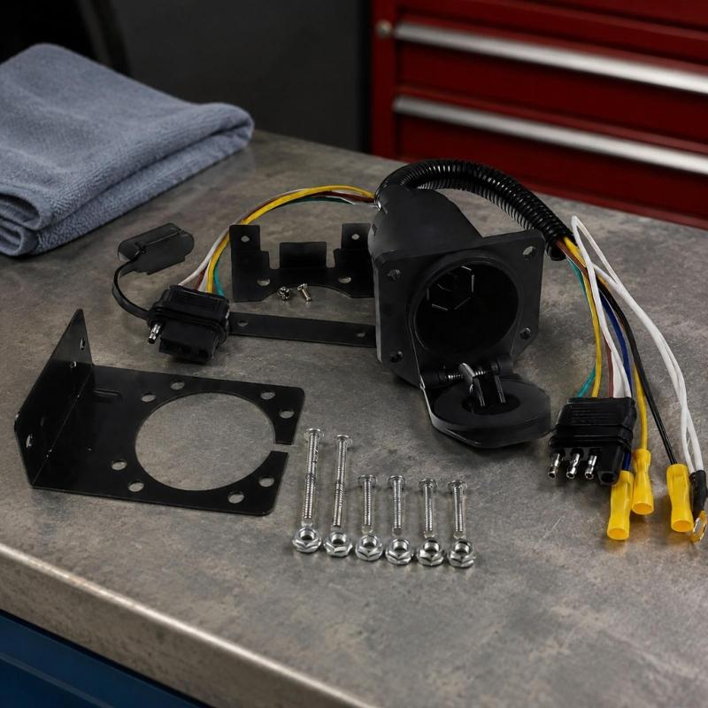 7 Way Trailer Socket Adapter with 4 Flat End and Mounting Bracket, Assembled Wiring Assembly with Flip Cover for Trailer Towing Light Use