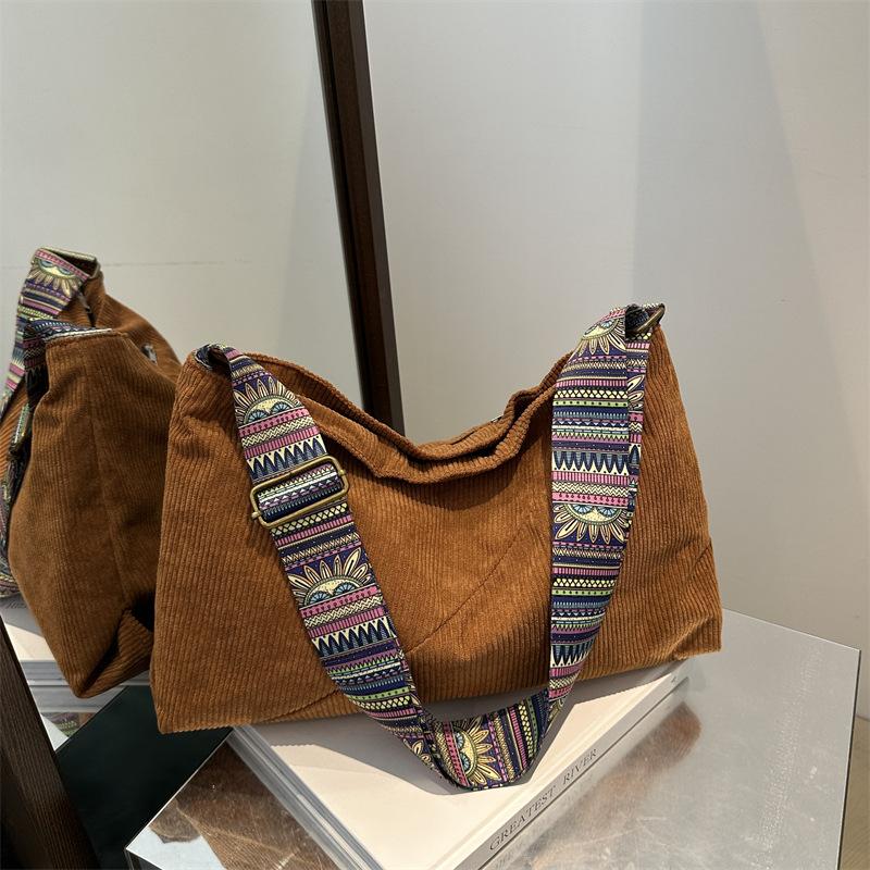 Corduroy Bag Female Student Commuter Bag Wide Shoulder Strap Stylish Large Capacity One Shoulder Messenger Tote Bag
